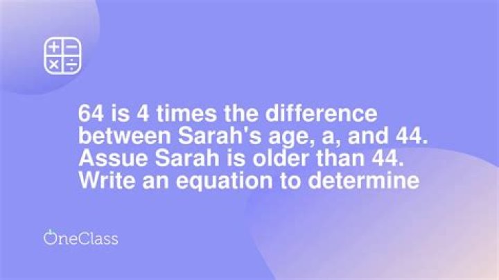 64 is 4 times the difference between Sarah's age, a, and 44. Assume Sarah is older than 44.